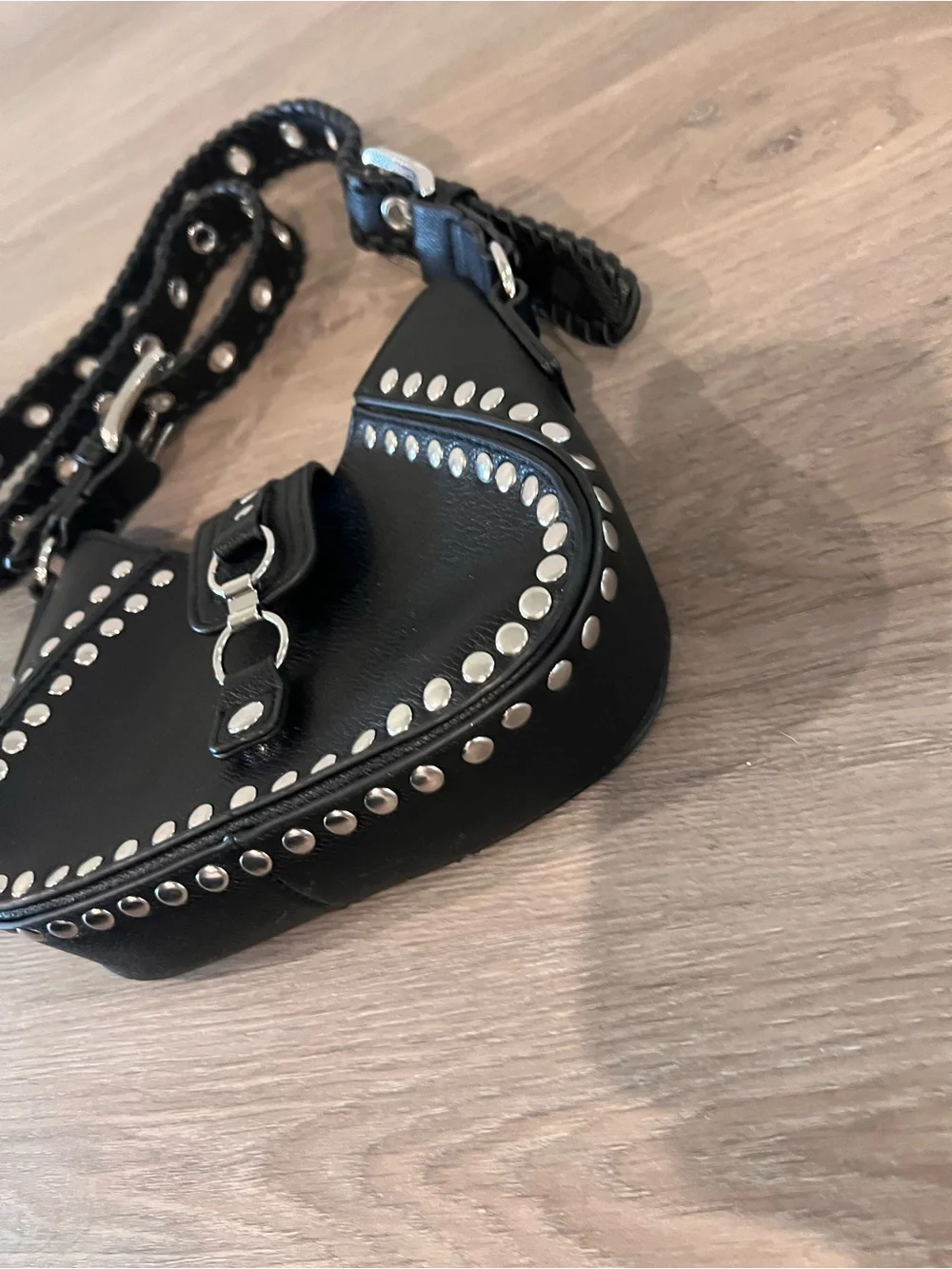 Urban Outfitters Black Studded Leather Shoulder Bag with Grommet Strap
